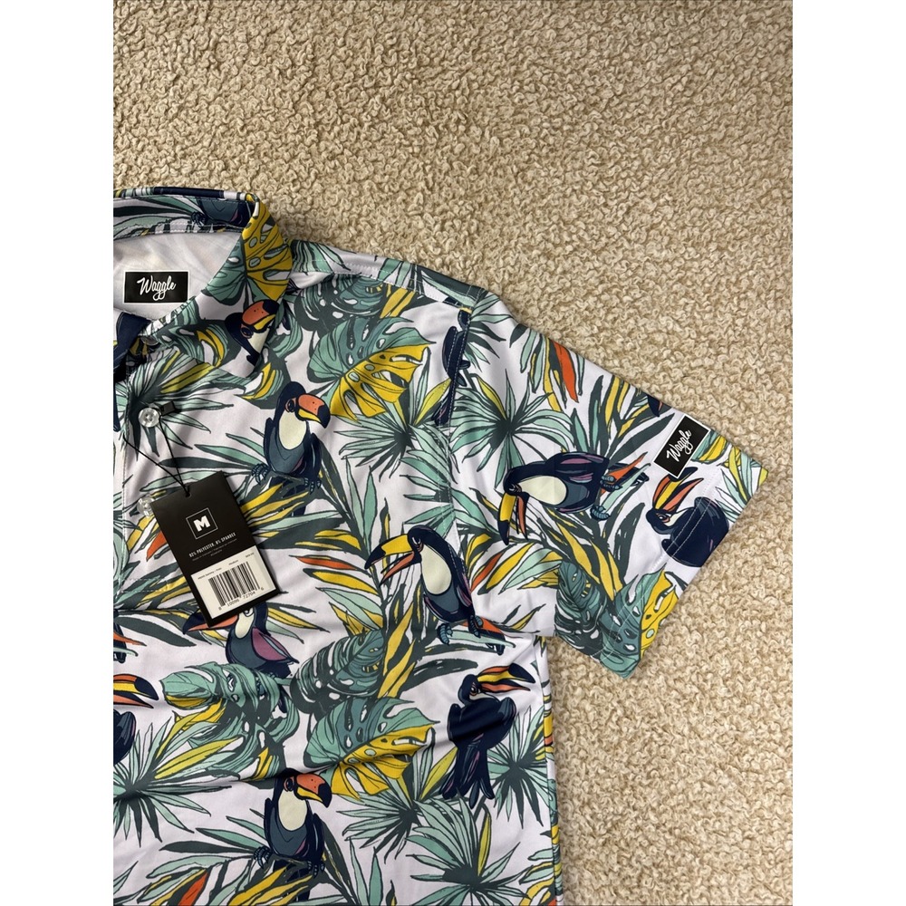NWT Waggle Golf Polo Shirt Men's M Toucan Tropical Performance AOP NEW - Picture 4 of 11